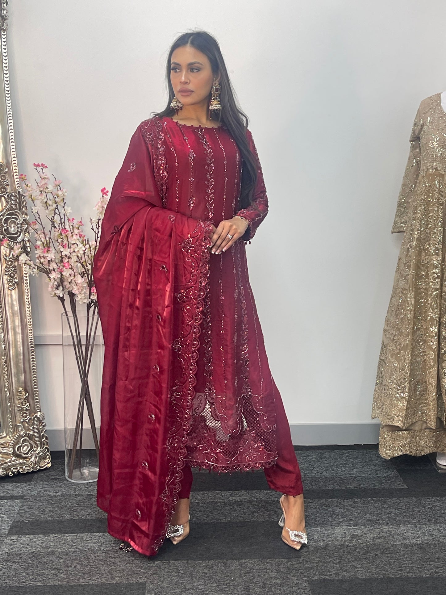 Tara - Korean Silk Cut Dana - Party Wear - CutWork - Maroon - taara