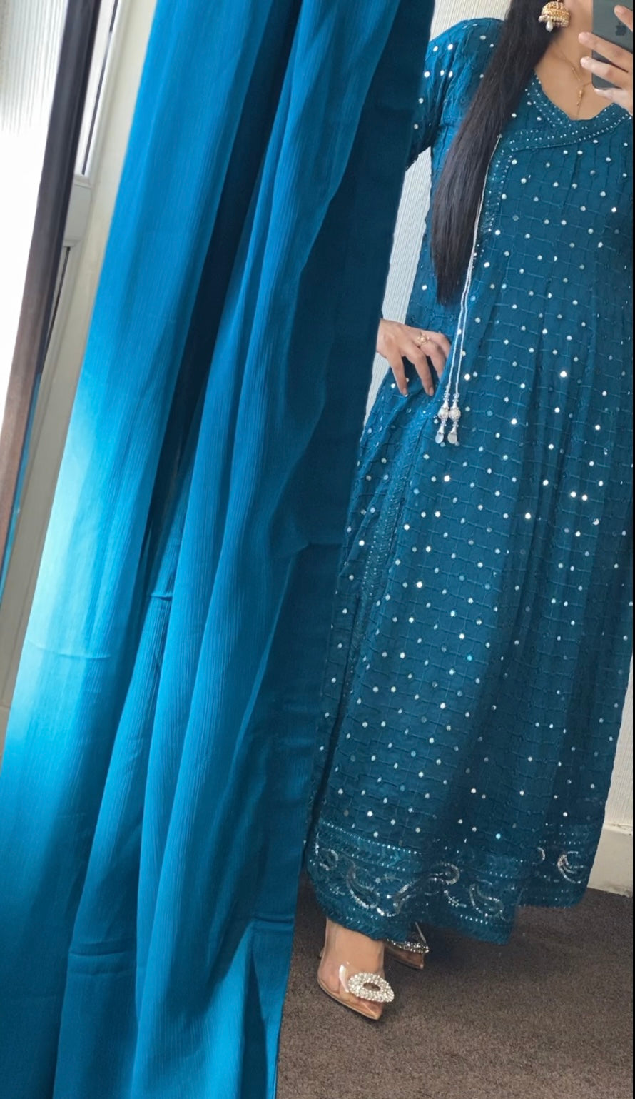 Teal Blue Chikankaari Maxi - Long Dress