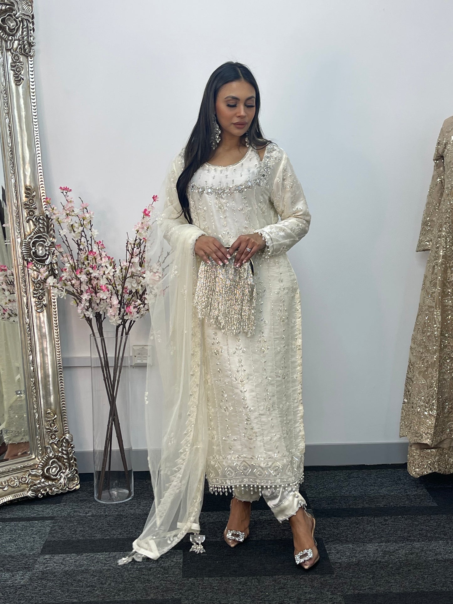 Ronaq- Korean Silk Cut Dana - Party Wear - White - Ivory -