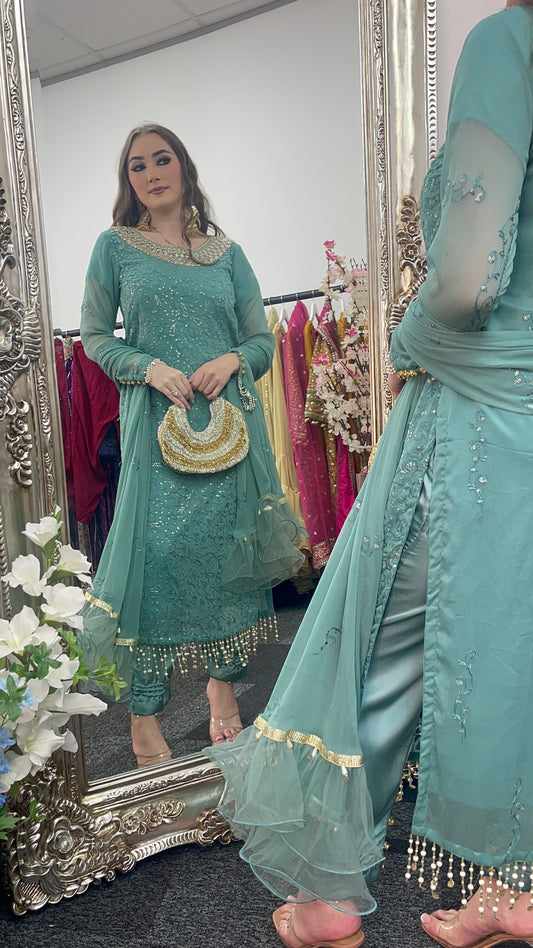 Chamkeeli -  Hand Work - Chiffon Party Wear - Egg Duck Blue