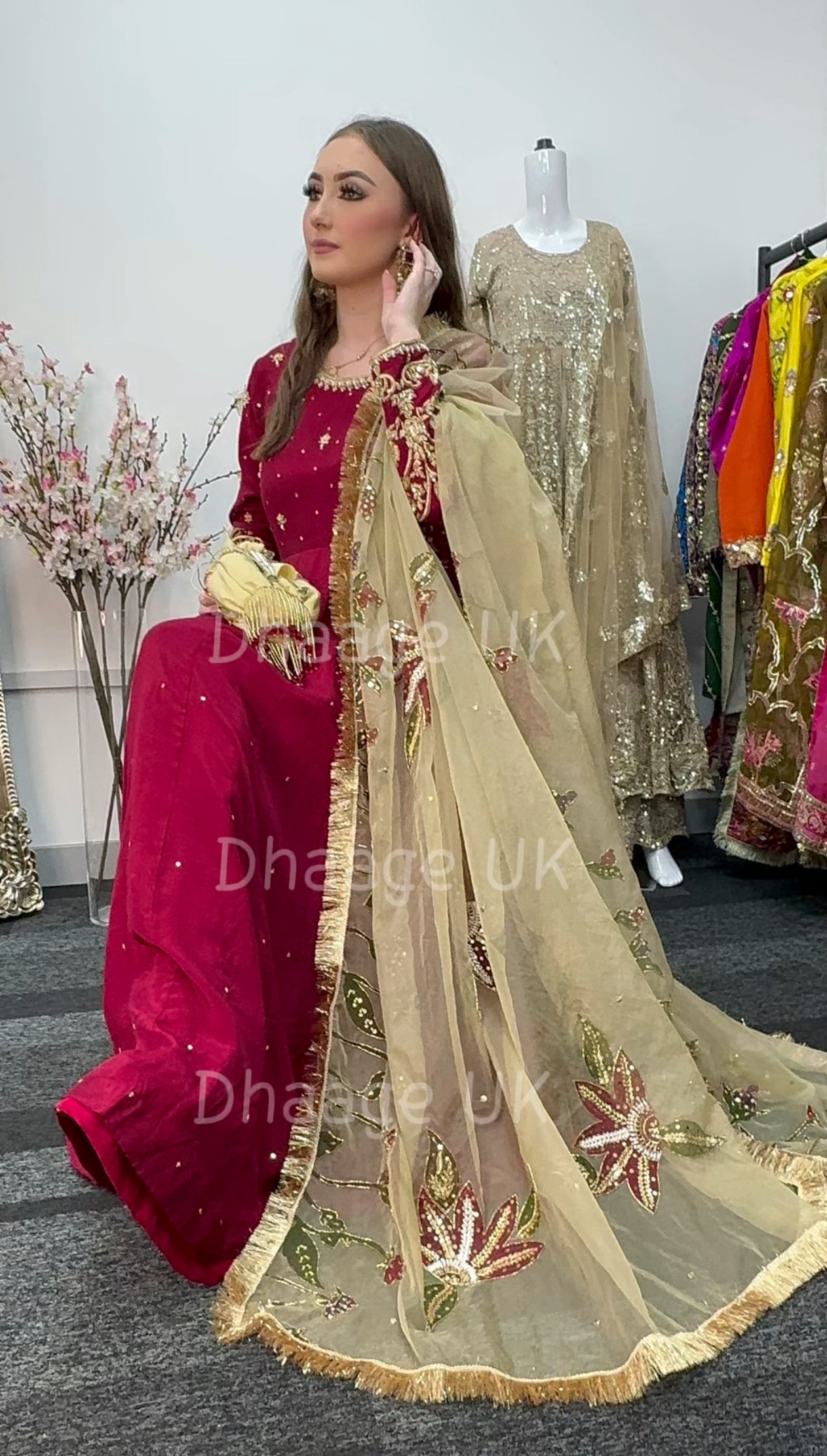 (Pre Order 3/4 Weeks) “GUL BANO” - Hand Painted Dupatta with Hand Work -Anarkali - Maroon Gold - Noor