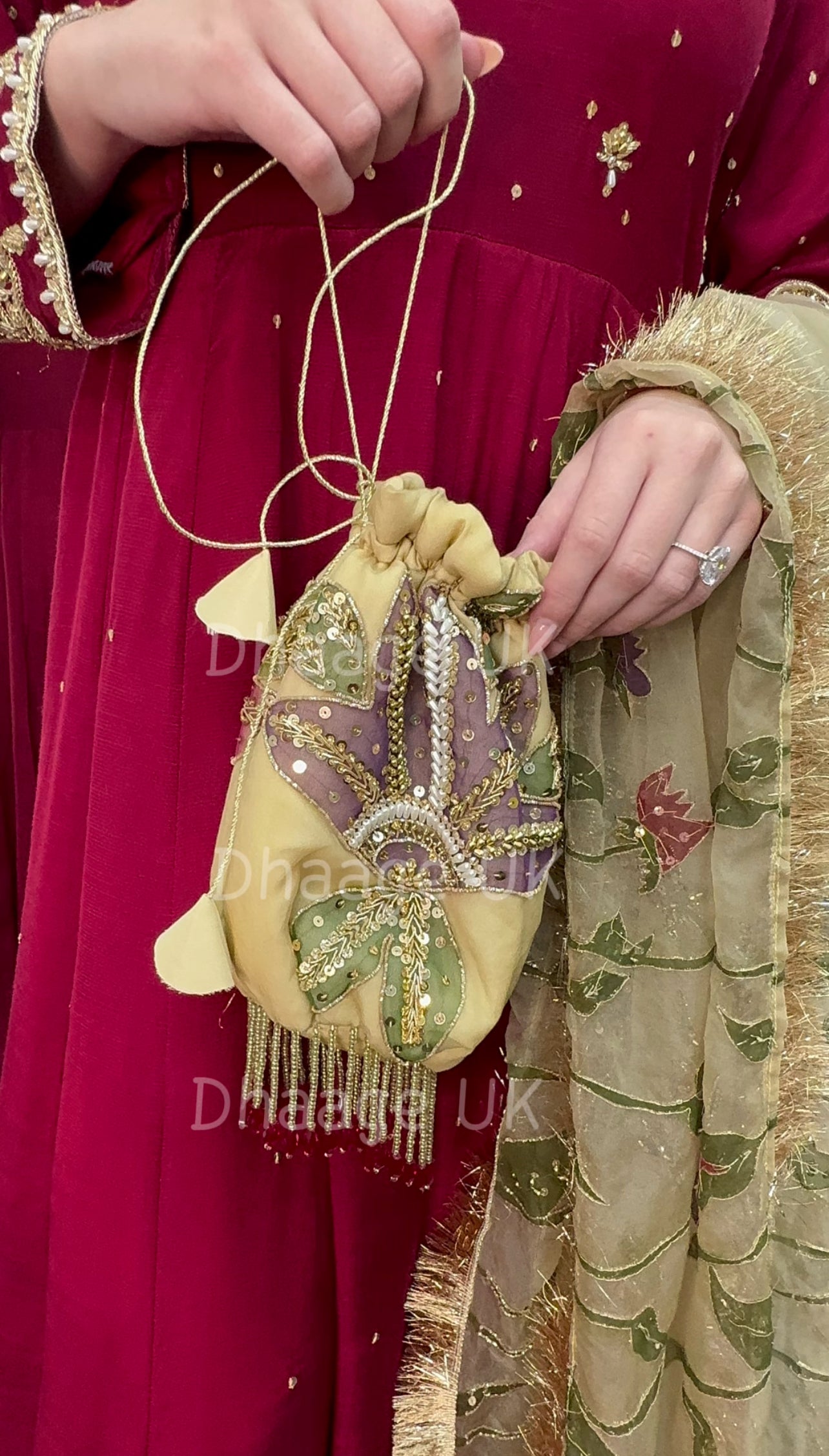 (Pre Order 3/4 Weeks) “GUL BANO” - Hand Painted Dupatta with Hand Work -Anarkali - Maroon Gold - Noor