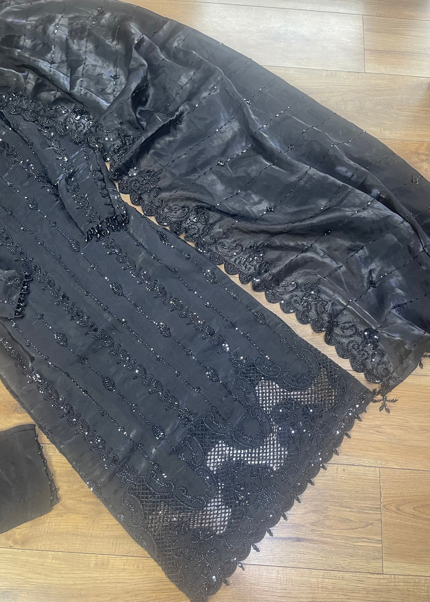 Tara - Korean Silk Cut Dana - Party Wear - CutWork - Black - taara