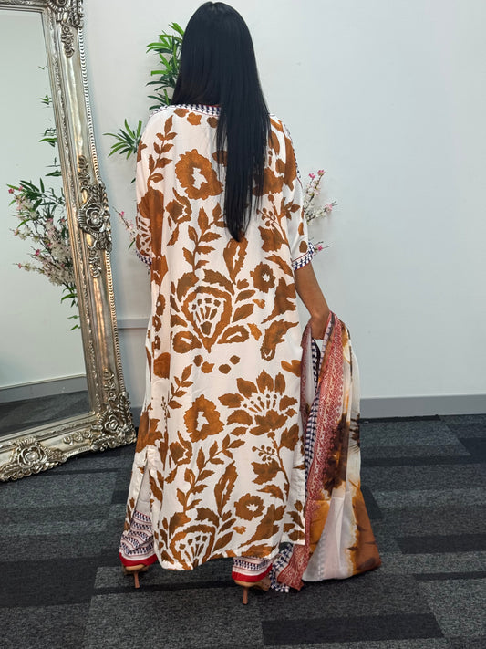 Swiss silk printed kaftan style dress - Brown Kaftaan - 3pc