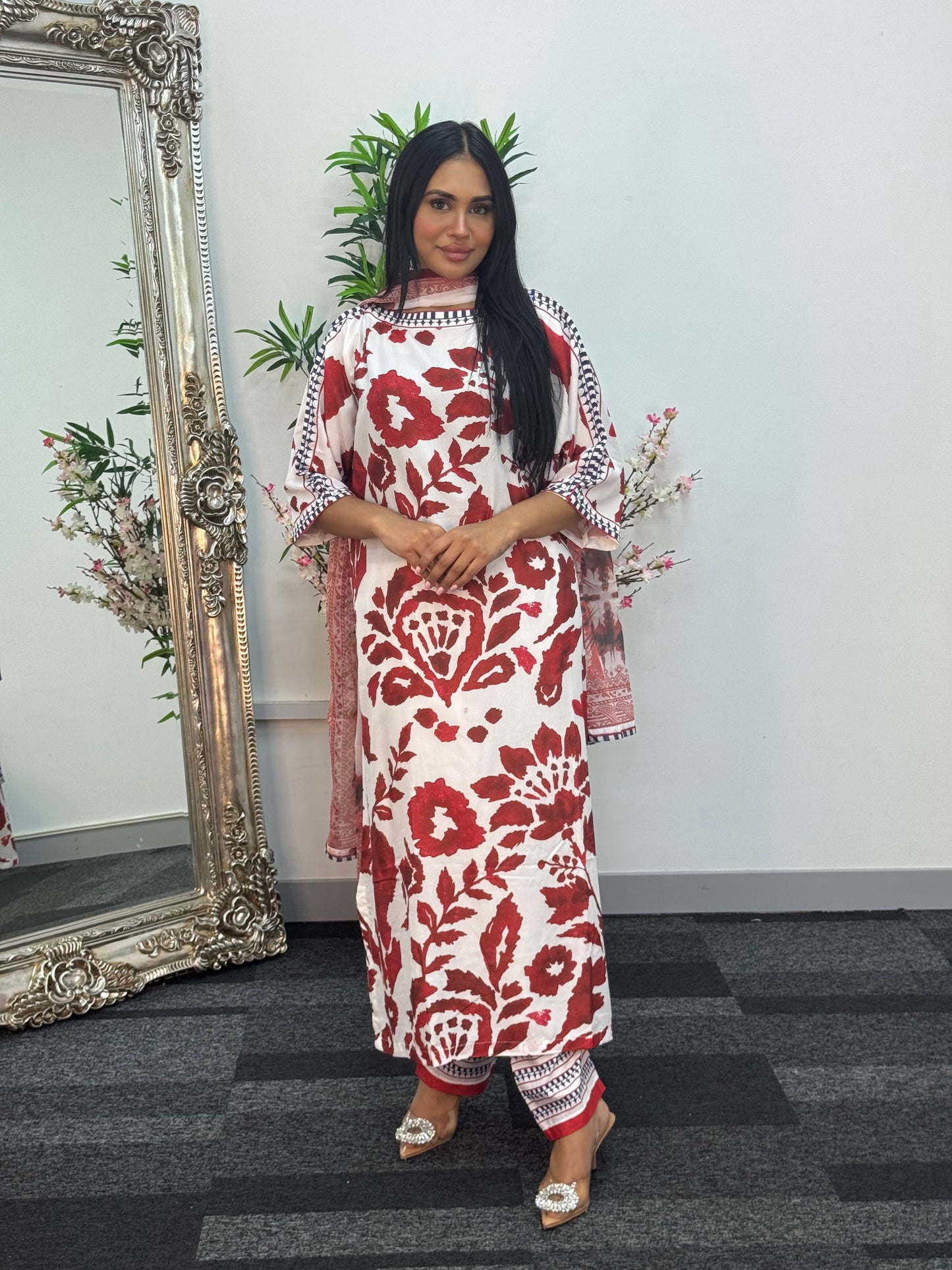 Swiss silk printed kaftan style dress - Red Kaftaan - 3pc