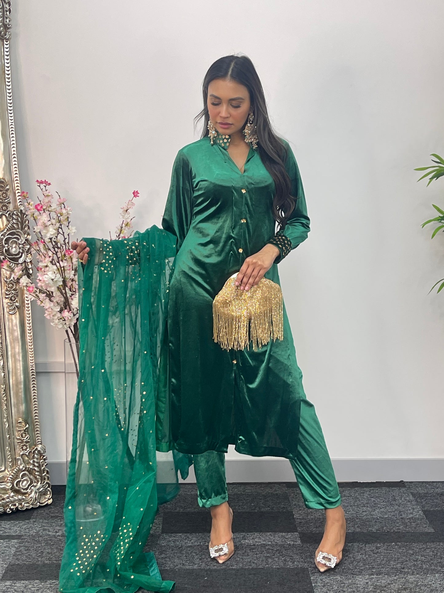 Sona l Green Silk Velvet - Party Outfit l AA