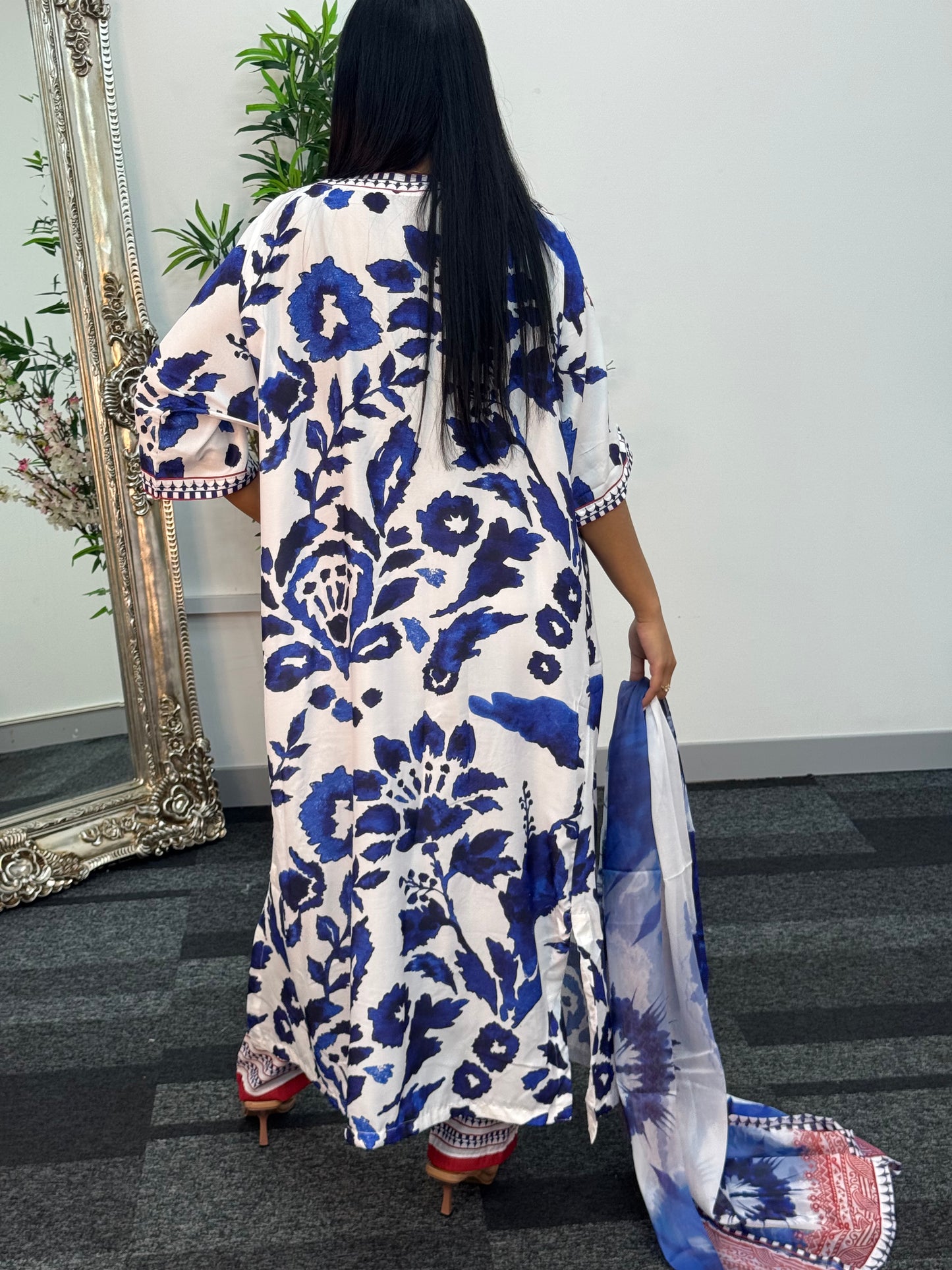 Swiss silk printed kaftan style dress - Blue Kaftaan - 3pc