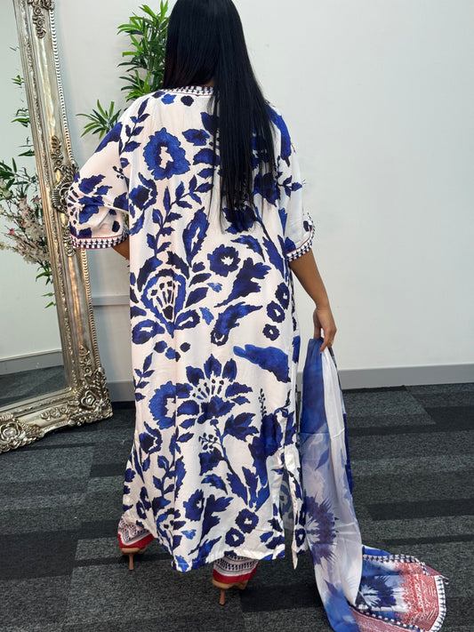 Swiss silk printed kaftan style dress - Blue Kaftaan - 3pc