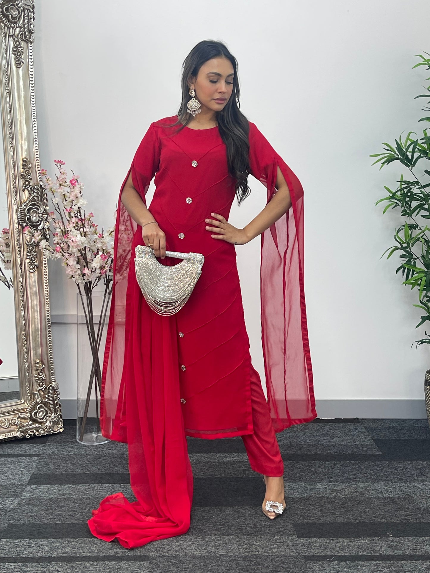 Red - Floor Length Sleeves - Chiffon Outfit - T