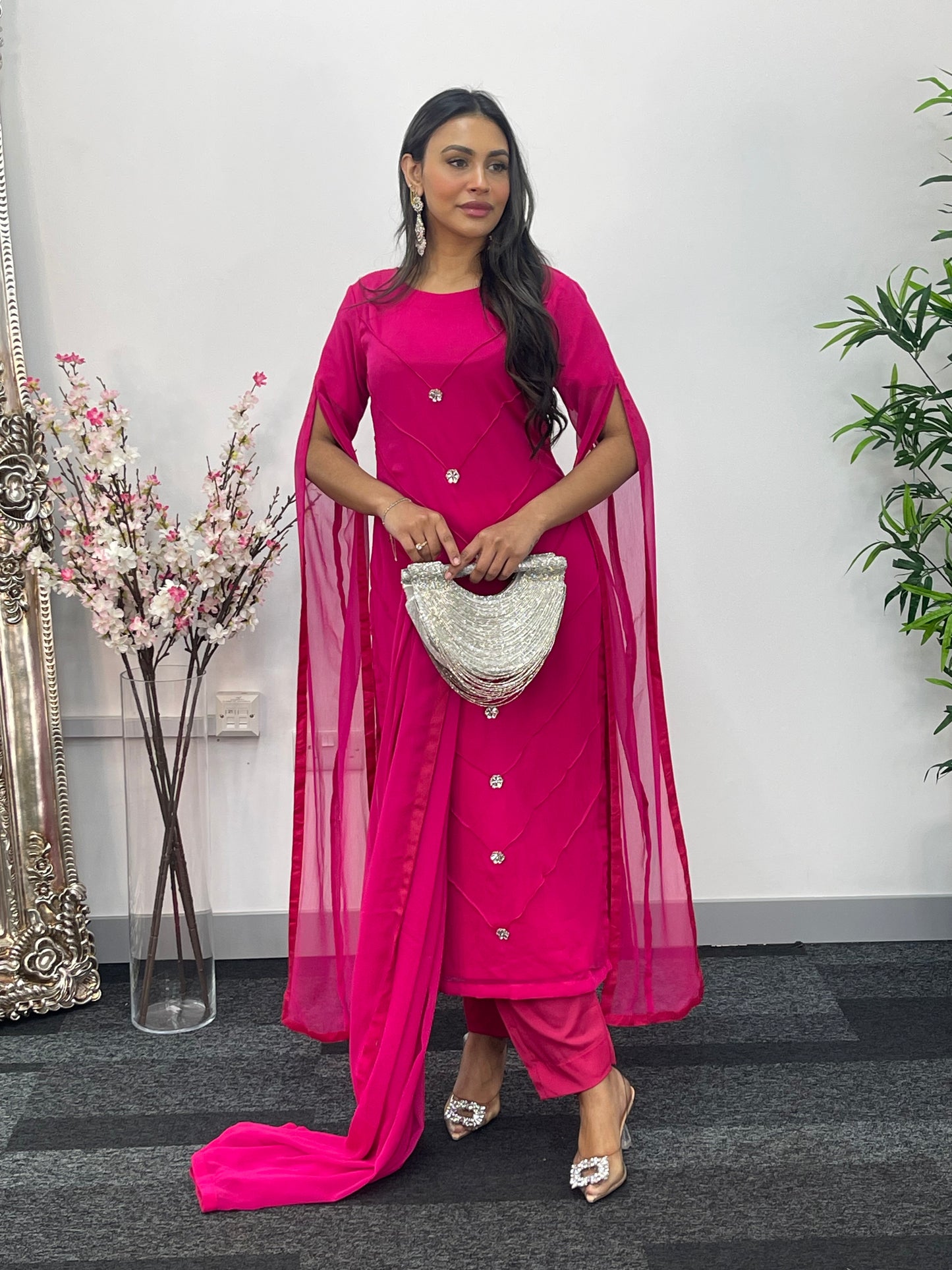 Hot Pink - Floor Length Sleeves - Chiffon Outfit - T