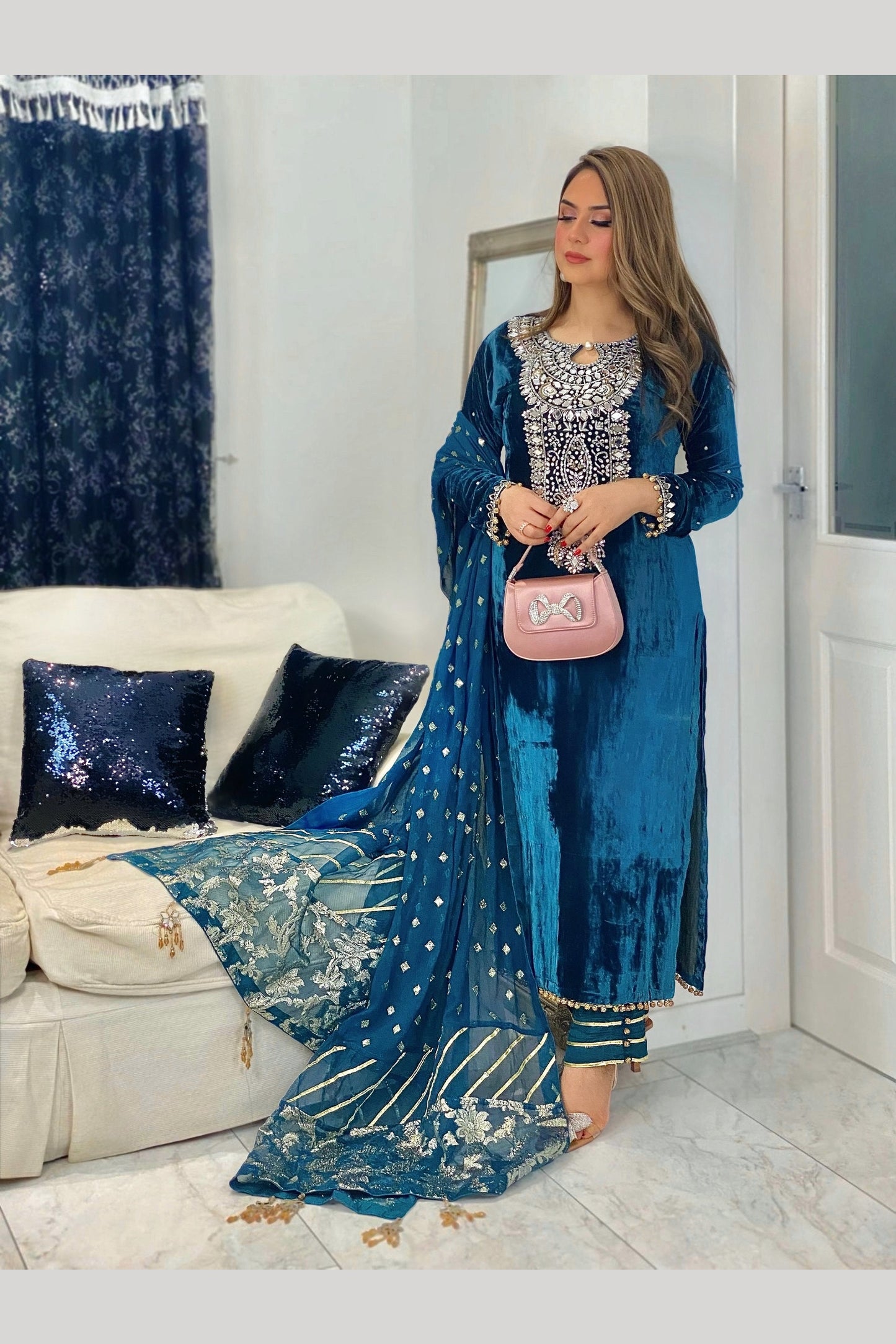 (Preorder 4weeks) Peacock - Teal Velvet Pret - Wedding Party Wear -