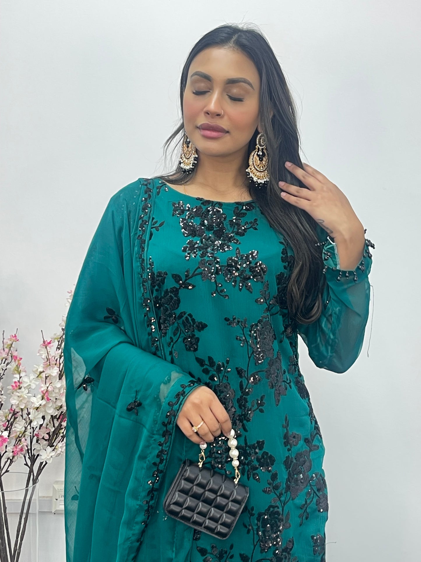 “Tooba” Green Chiffon Sitari - W