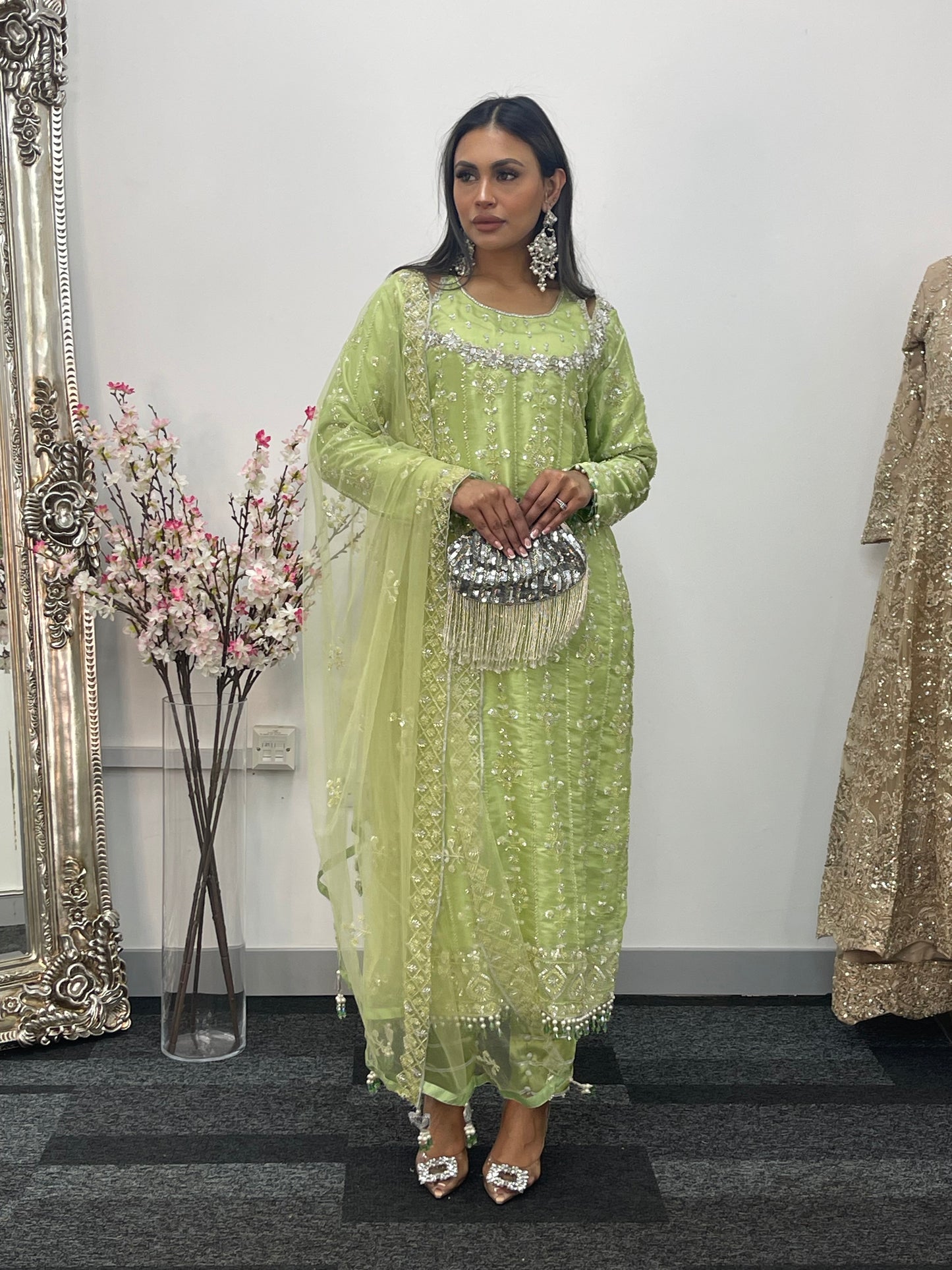 Ronaq- Korean Silk Cut Dana - Party Wear - Mint Green