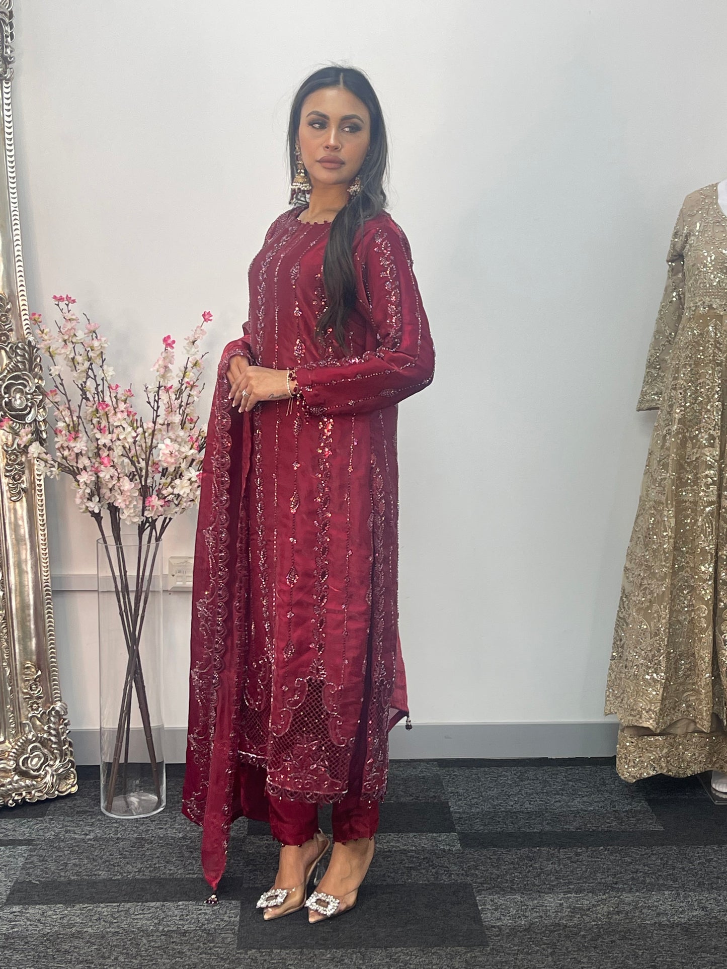 Tara - Korean Silk Cut Dana - Party Wear - CutWork - Maroon - taara