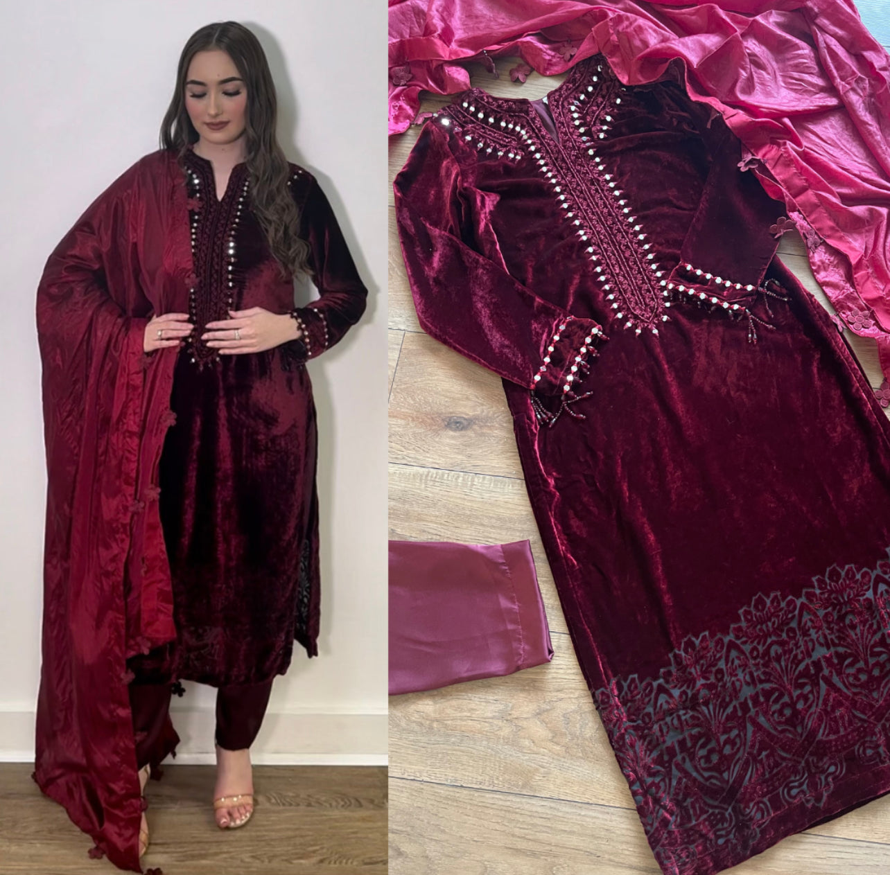 Wine - Sheesha X Velvet Maroon  Plachi Daman with silk dupatta winter