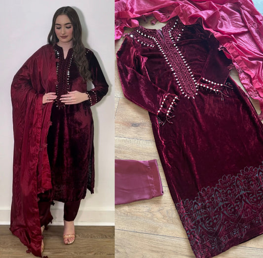 Wine - Sheesha X Velvet Maroon  Plachi Daman with silk dupatta winter