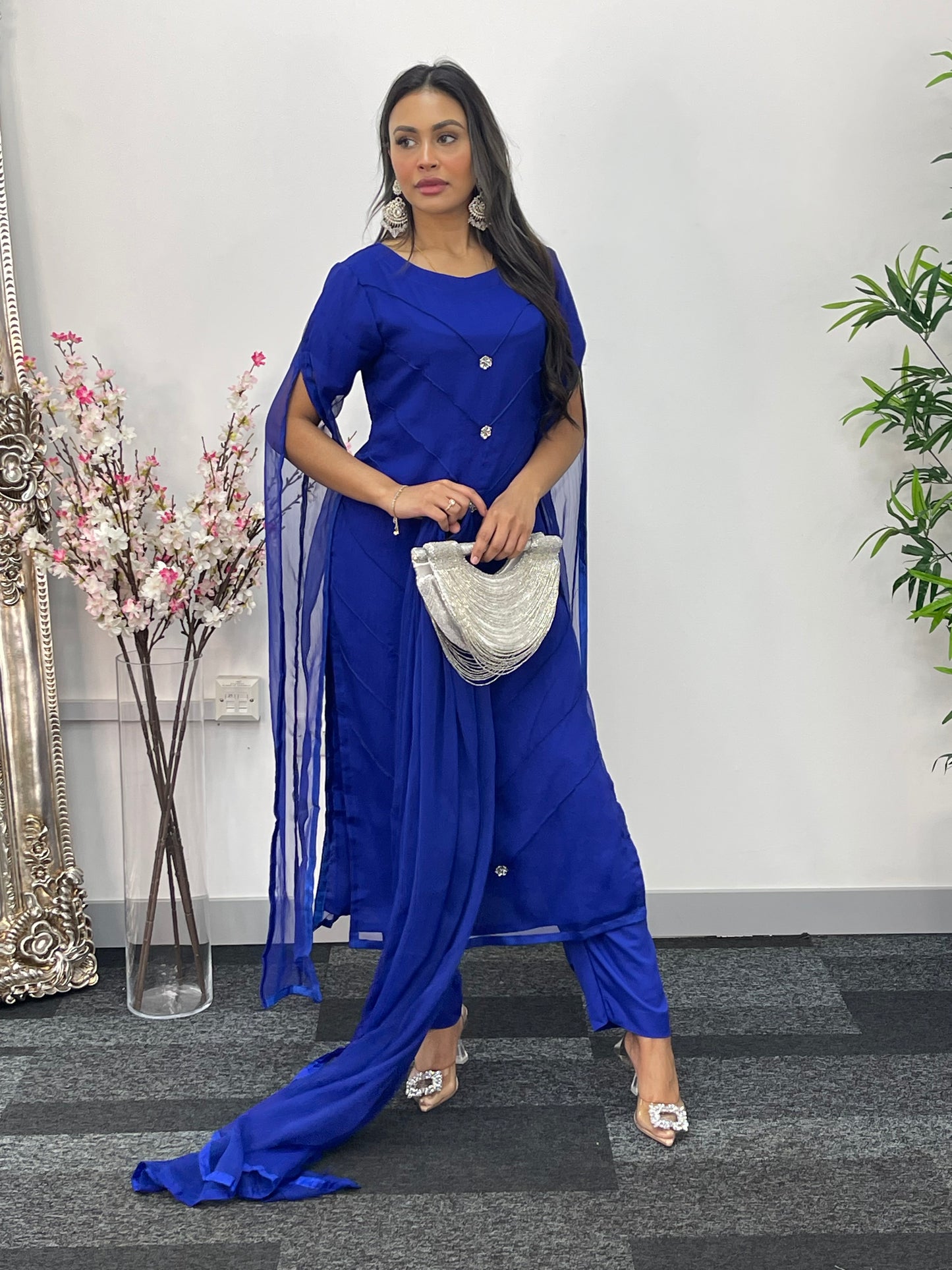 Blue - Floor Length Sleeves - Chiffon Outfit - T