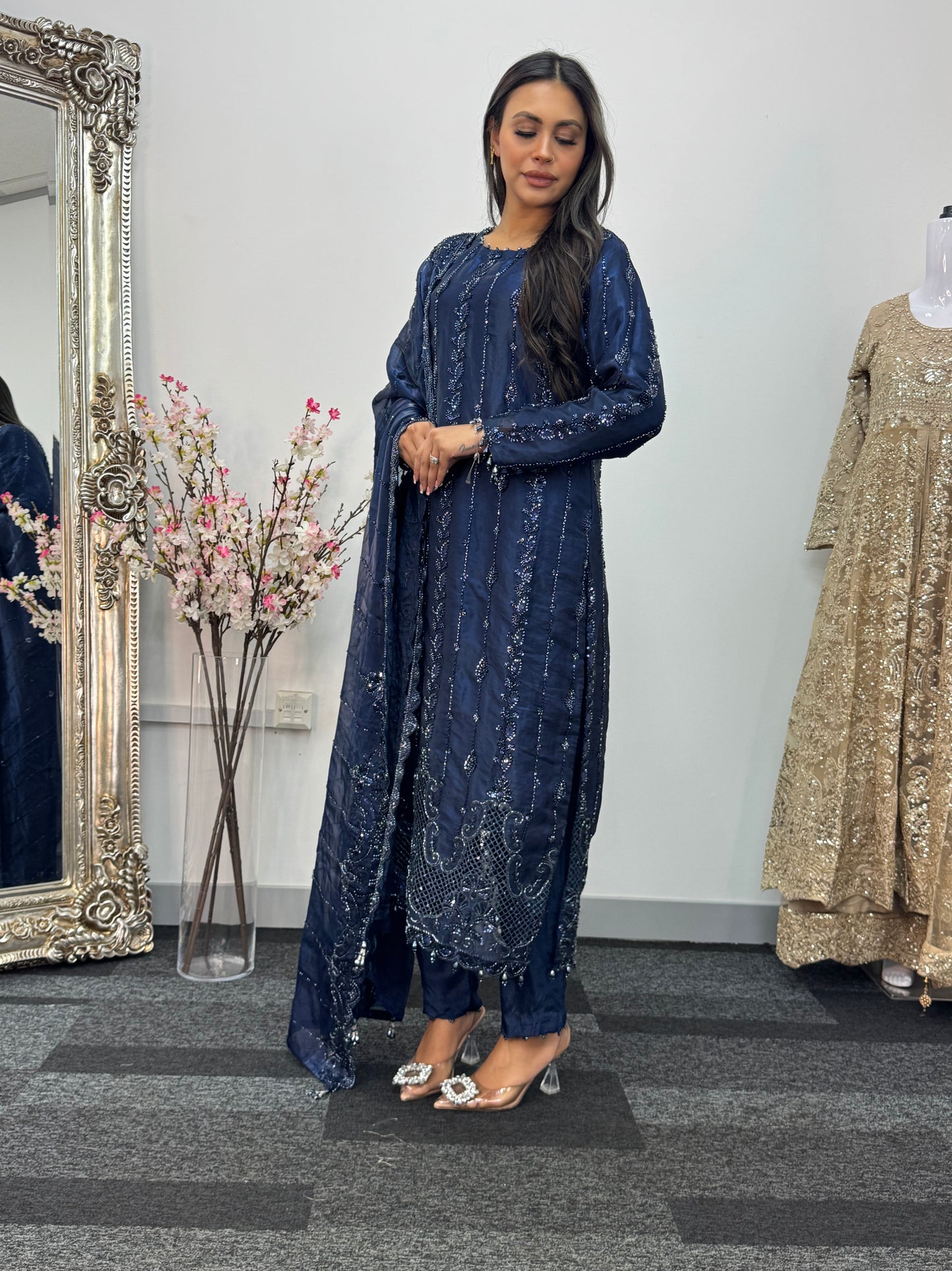 Tara - Korean Silk Cut Dana - Party Wear - CutWork - Navy Blue - taara