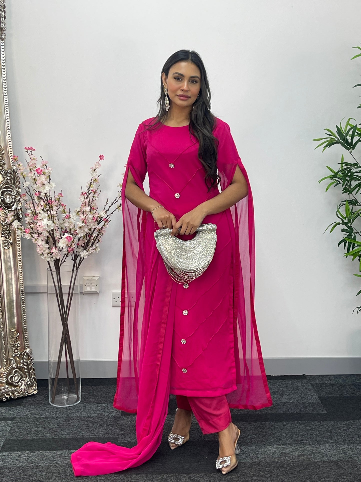 Hot Pink - Floor Length Sleeves - Chiffon Outfit - T