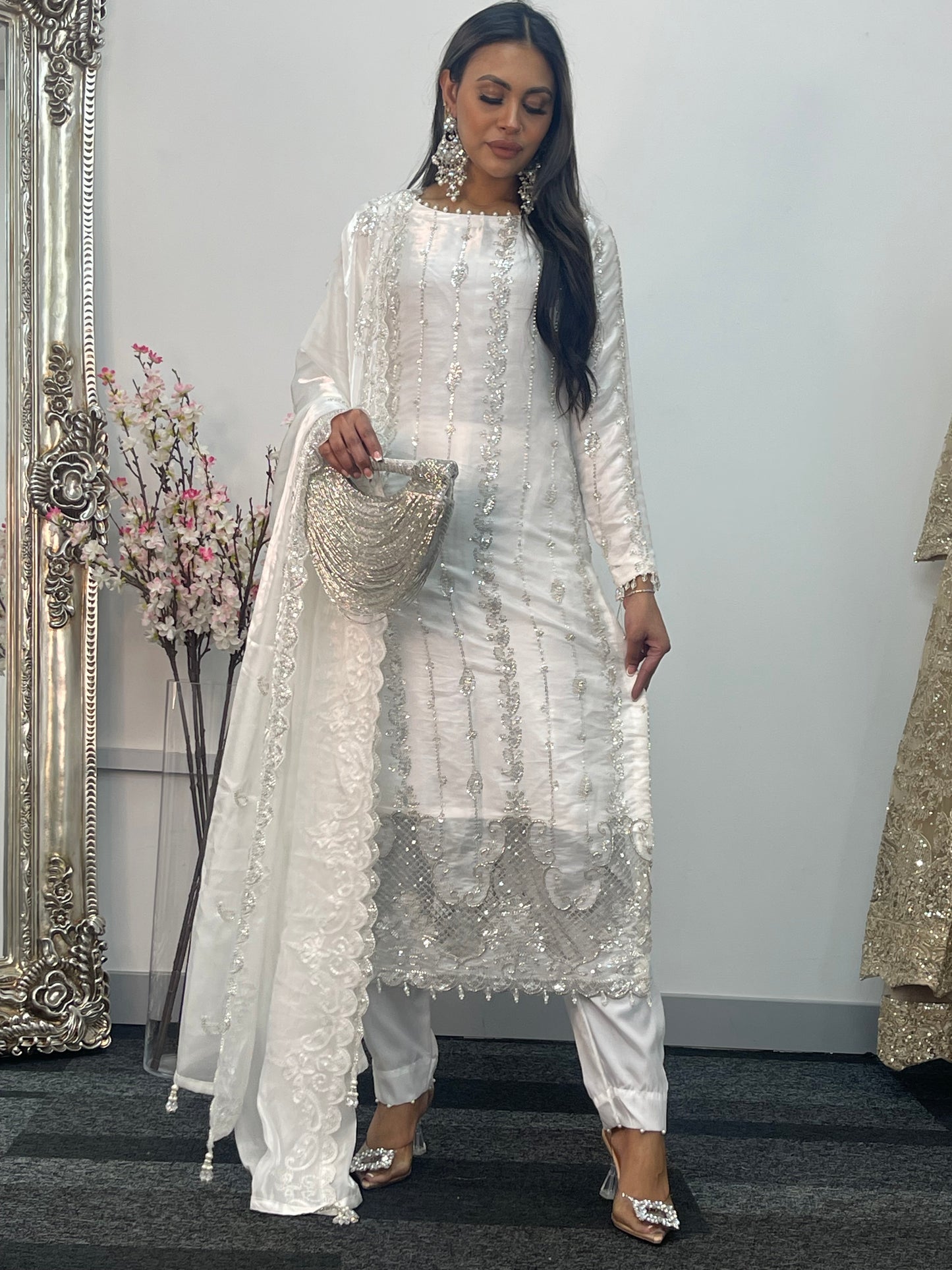 Tara - Korean Silk Cut Dana - Party Wear - CutWork - White - taara -