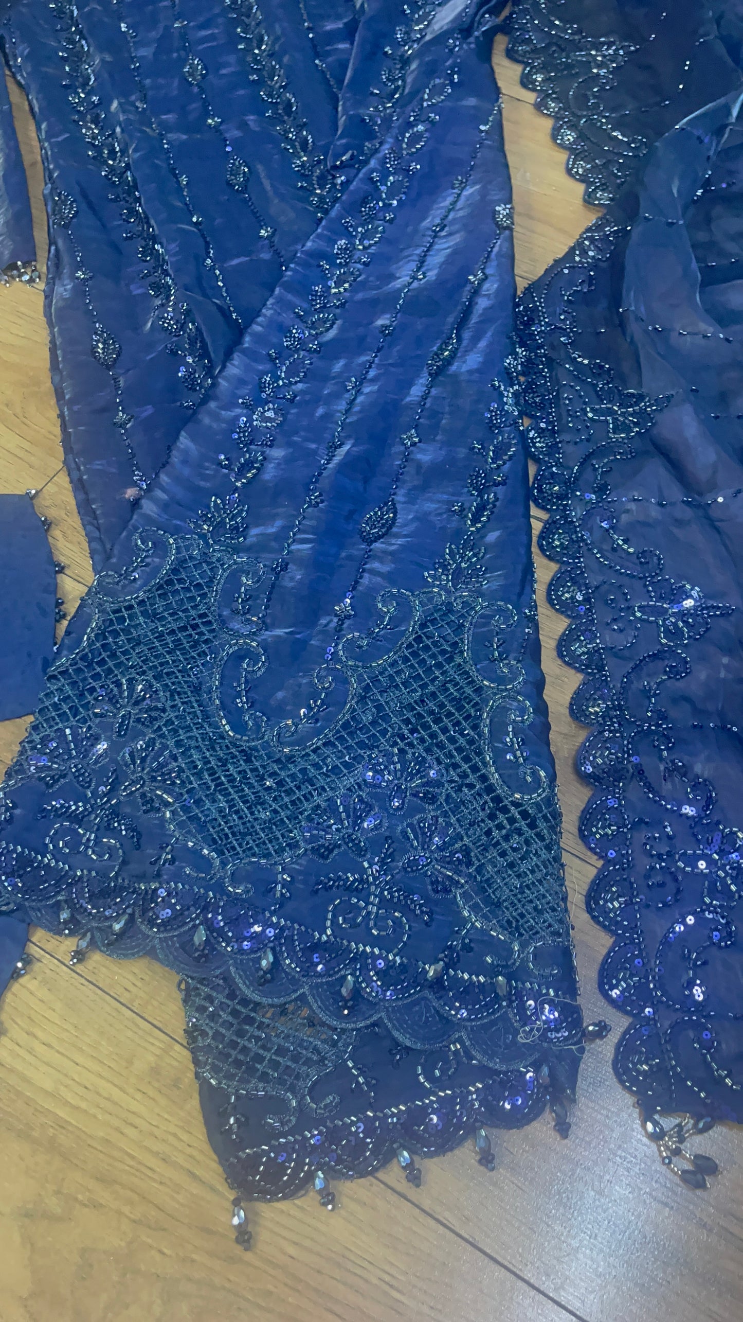 Tara - Korean Silk Cut Dana - Party Wear - CutWork - Navy Blue - taara