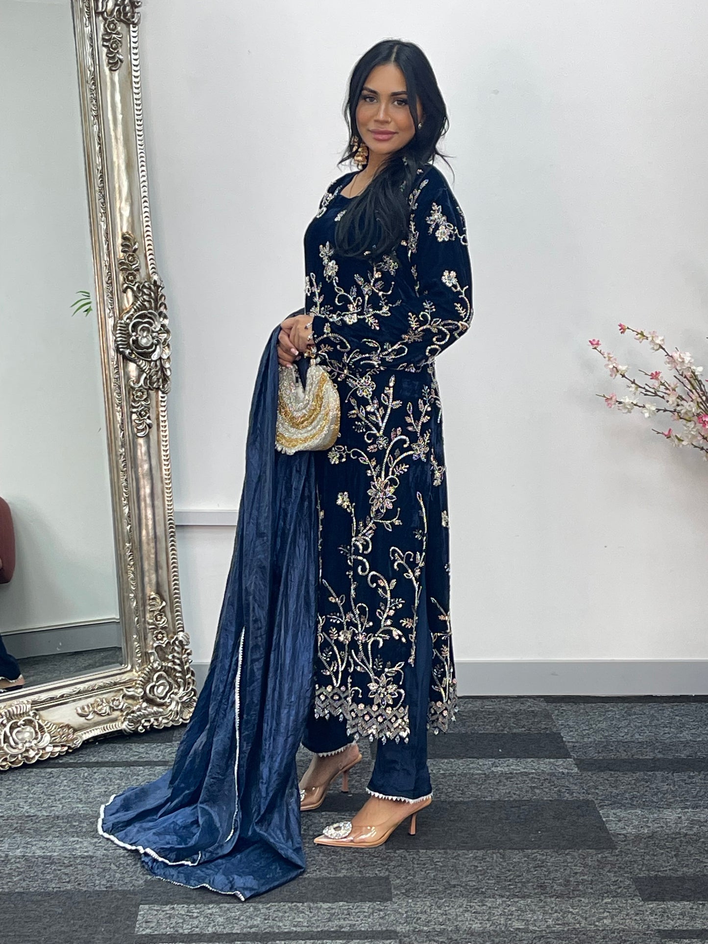 “Makhmal” Navy Velvet Cutdana -