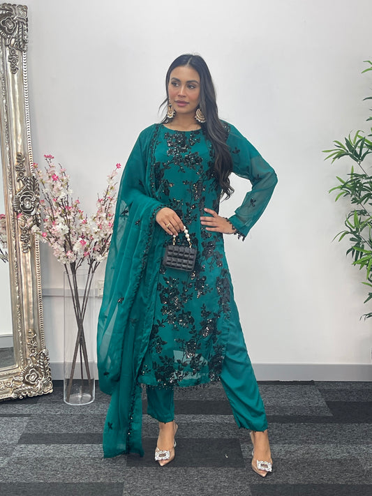 “Tooba” Green Chiffon Sitari - W