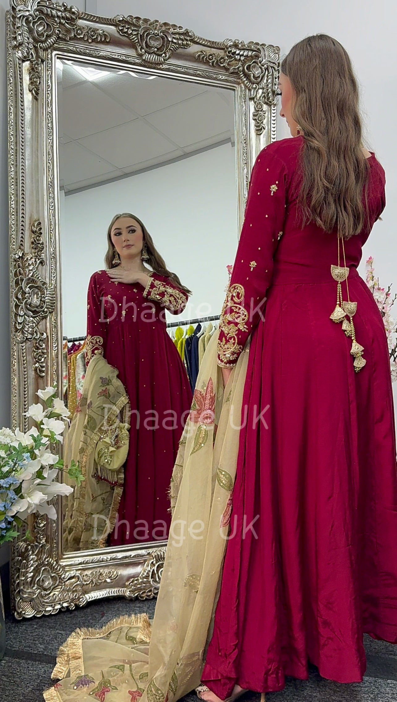 (Pre Order 3/4 Weeks) “GUL BANO” - Hand Painted Dupatta with Hand Work -Anarkali - Maroon Gold - Noor