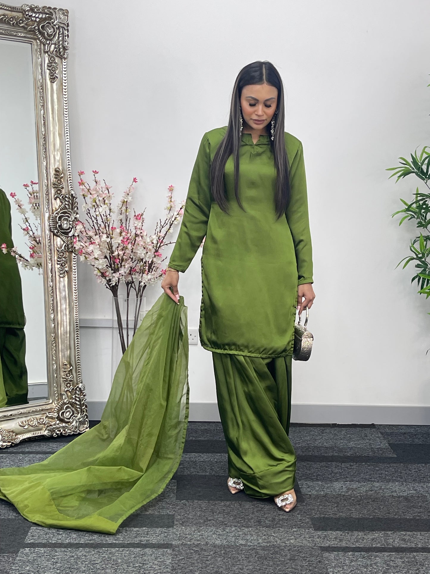 Saba - Farshi Shalwar - olive green - P