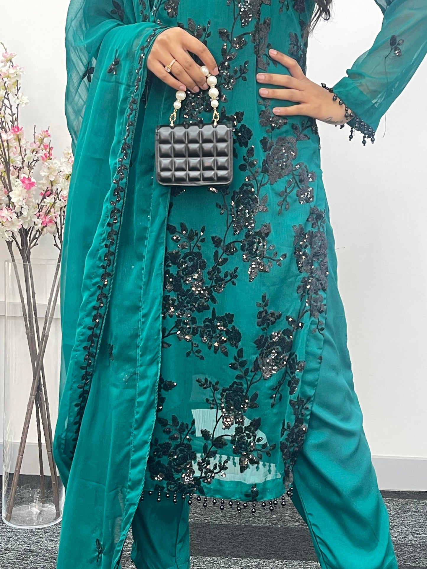 “Tooba” Green Chiffon Sitari - W