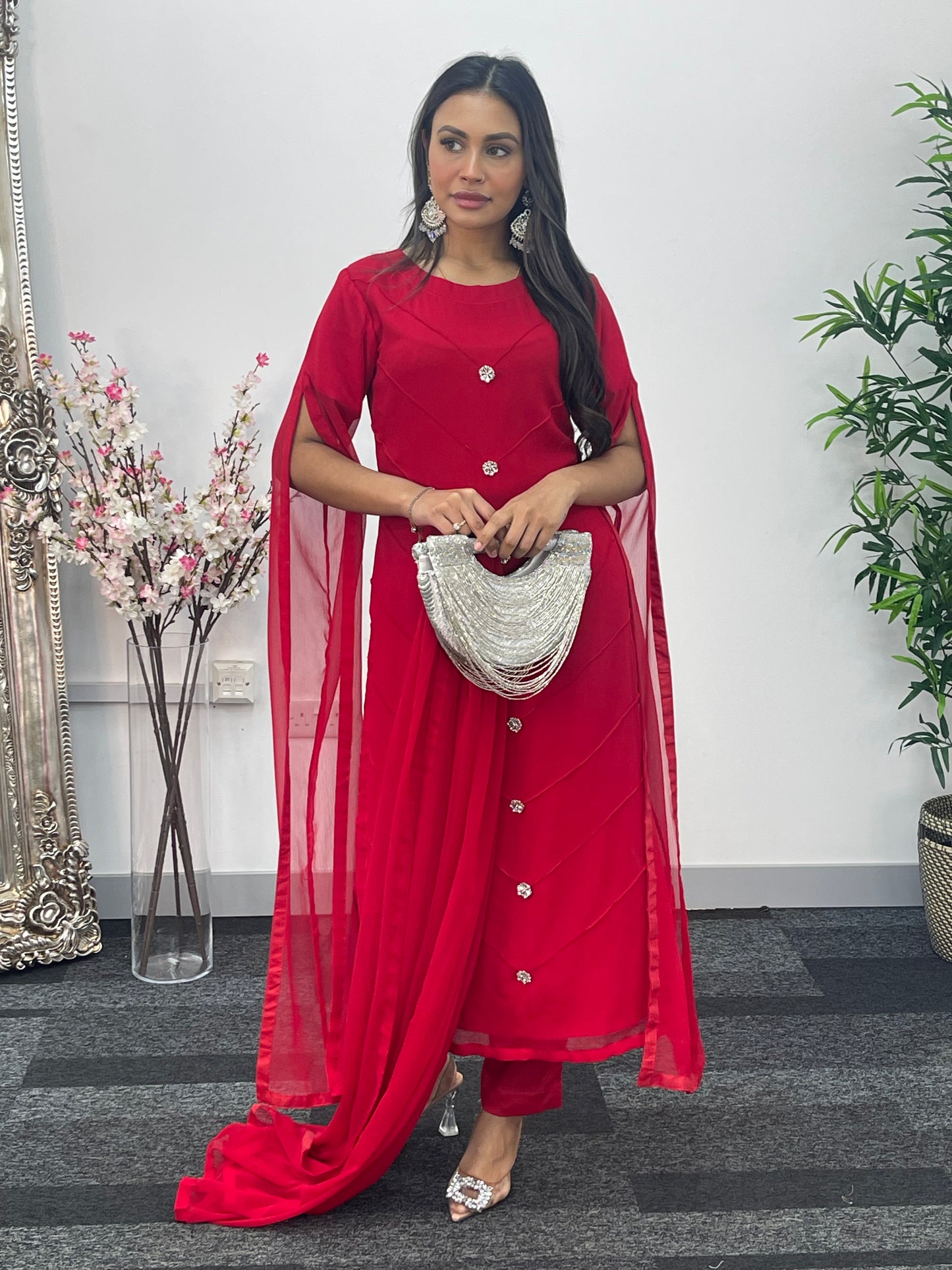 Red - Floor Length Sleeves - Chiffon Outfit - T