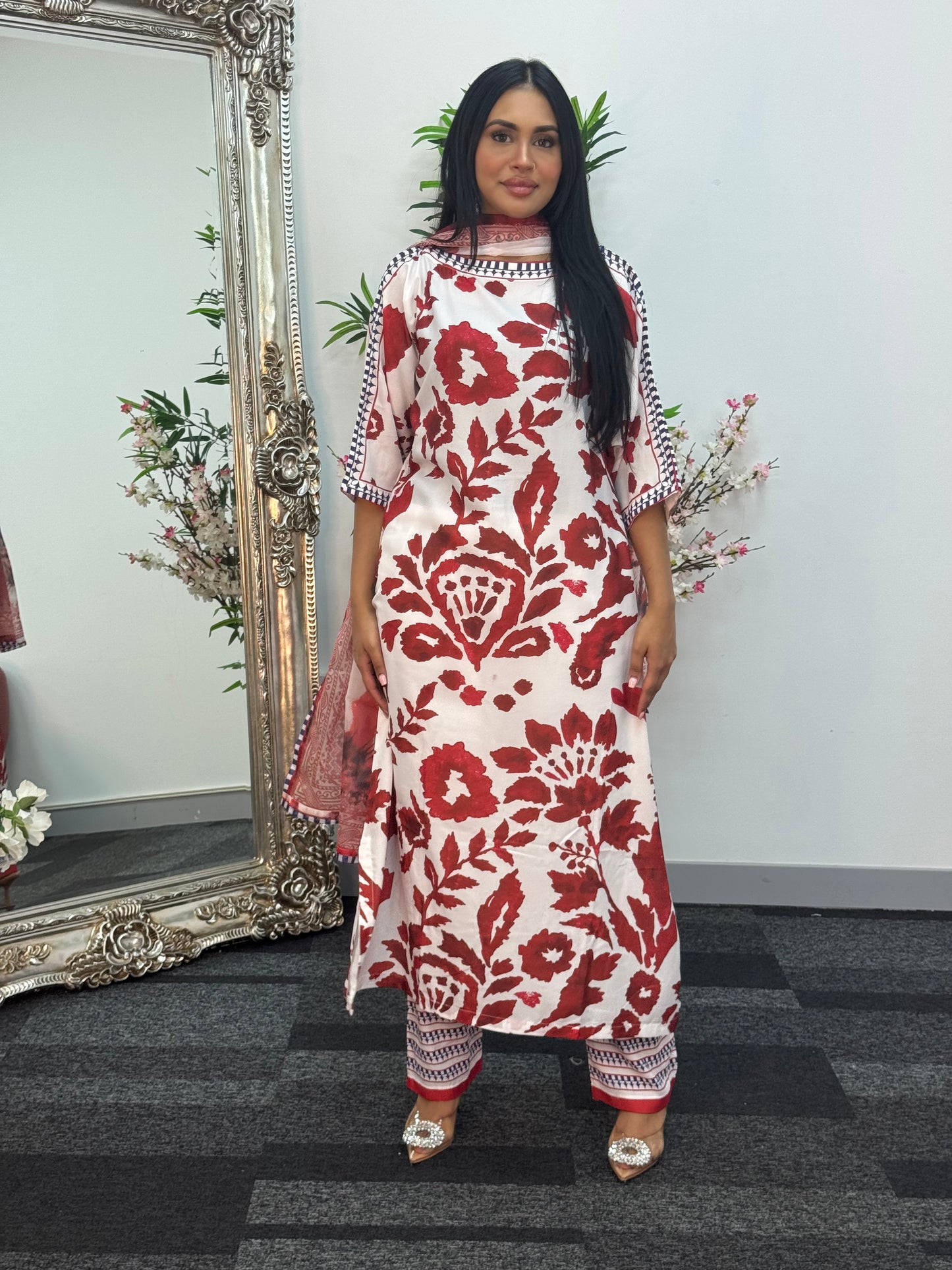 Swiss silk printed kaftan style dress - Red Kaftaan - 3pc