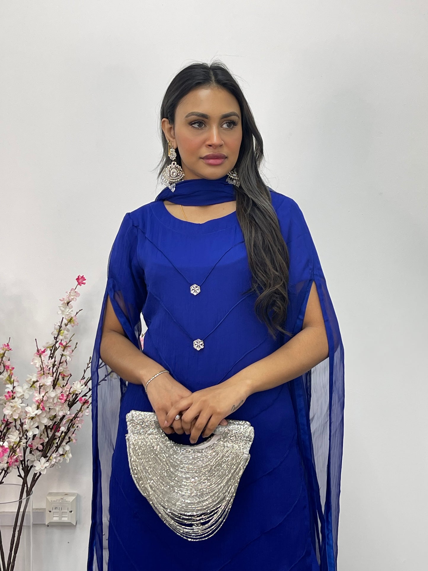 Blue - Floor Length Sleeves - Chiffon Outfit - T