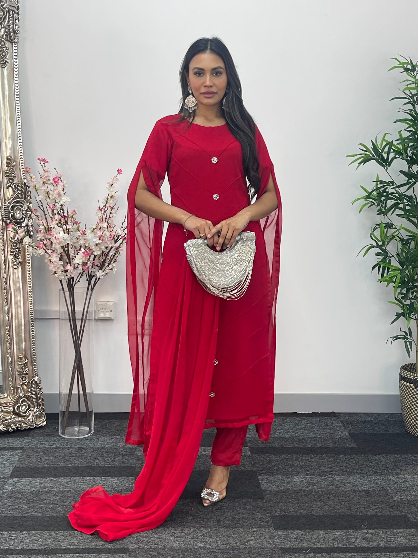 Red - Floor Length Sleeves - Chiffon Outfit - T