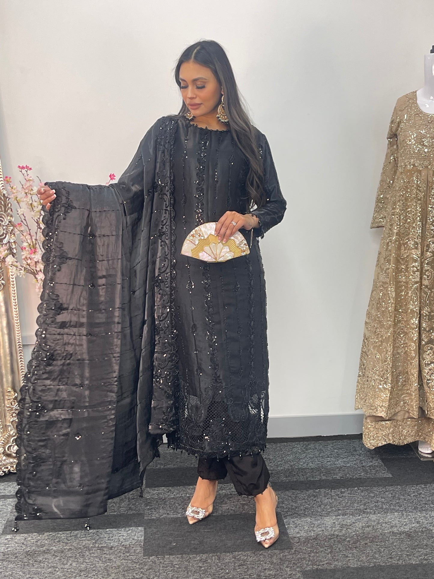 Tara - Korean Silk Cut Dana - Party Wear - CutWork - Black - taara