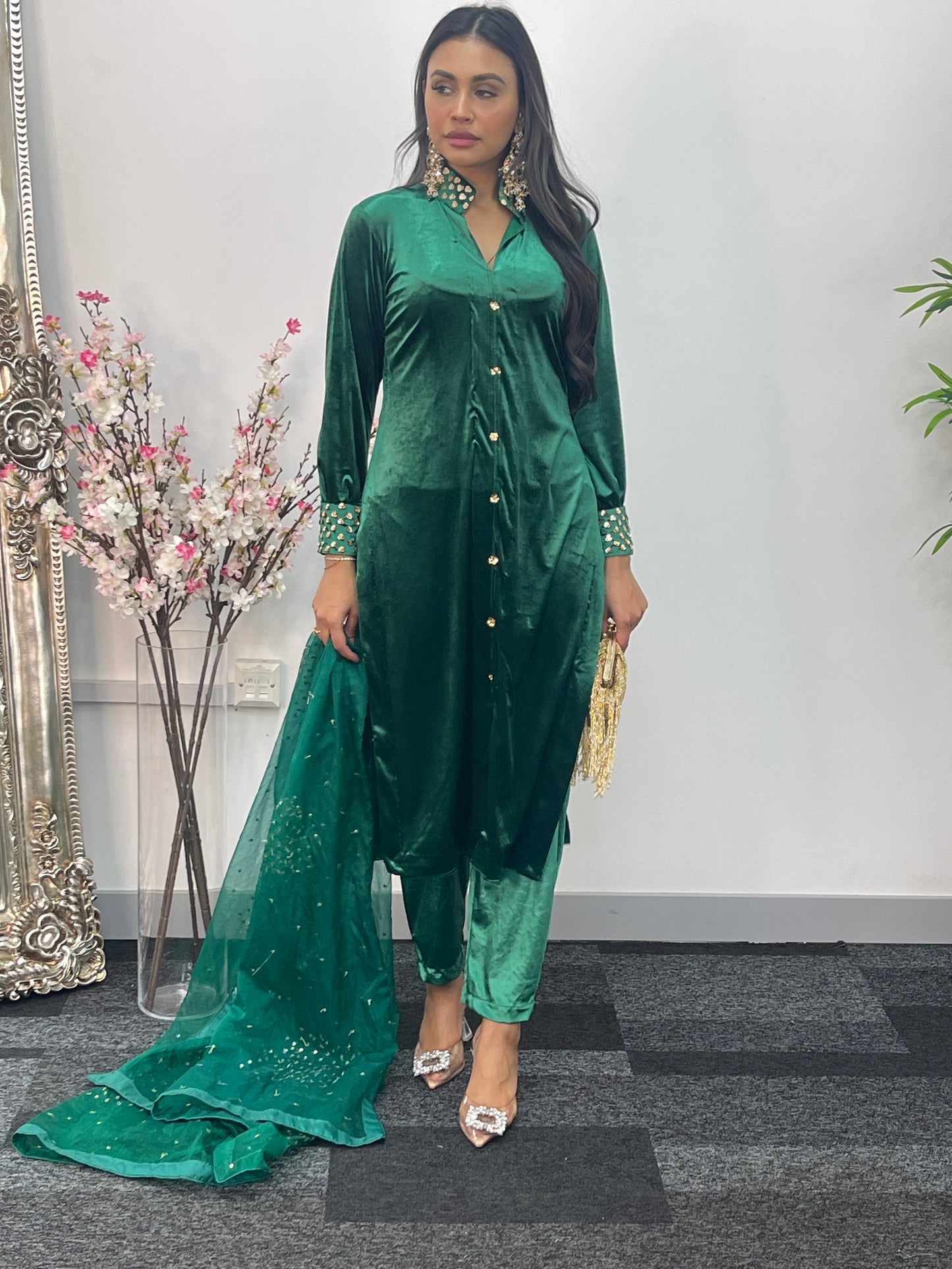Sona l Green Silk Velvet - Party Outfit l AA