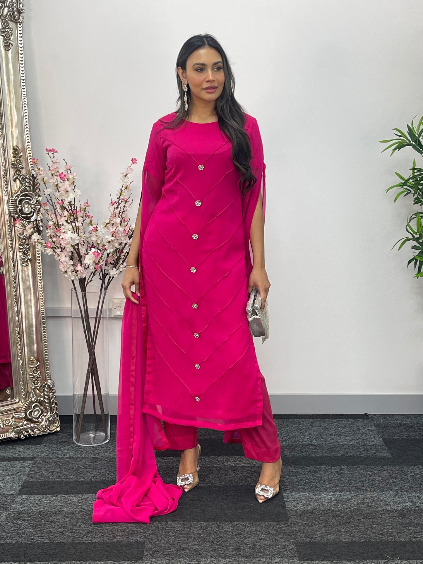 Hot Pink - Floor Length Sleeves - Chiffon Outfit - T