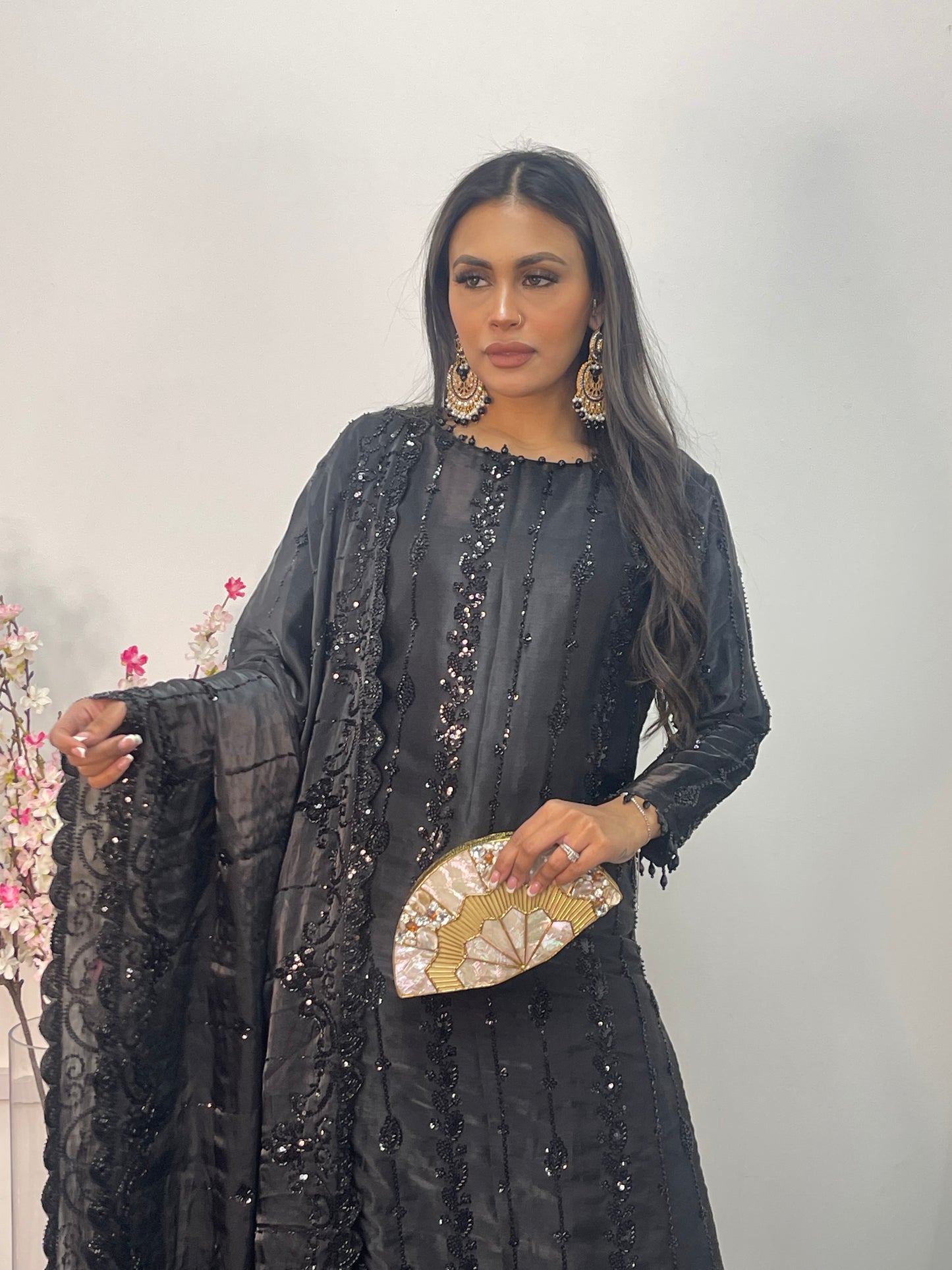 Tara - Korean Silk Cut Dana - Party Wear - CutWork - Black - taara