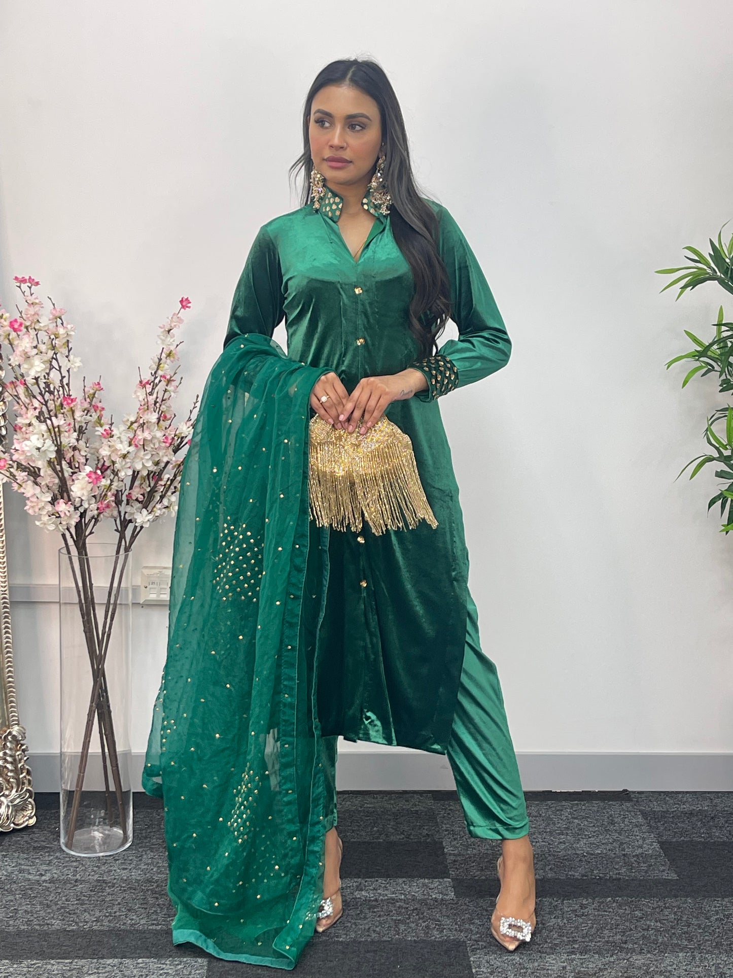 Sona l Green Silk Velvet - Party Outfit l AA