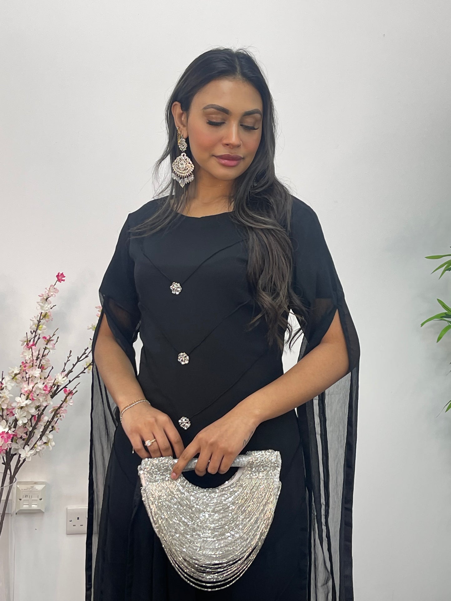 Black - Floor Length Sleeves - Chiffon Outfit - T