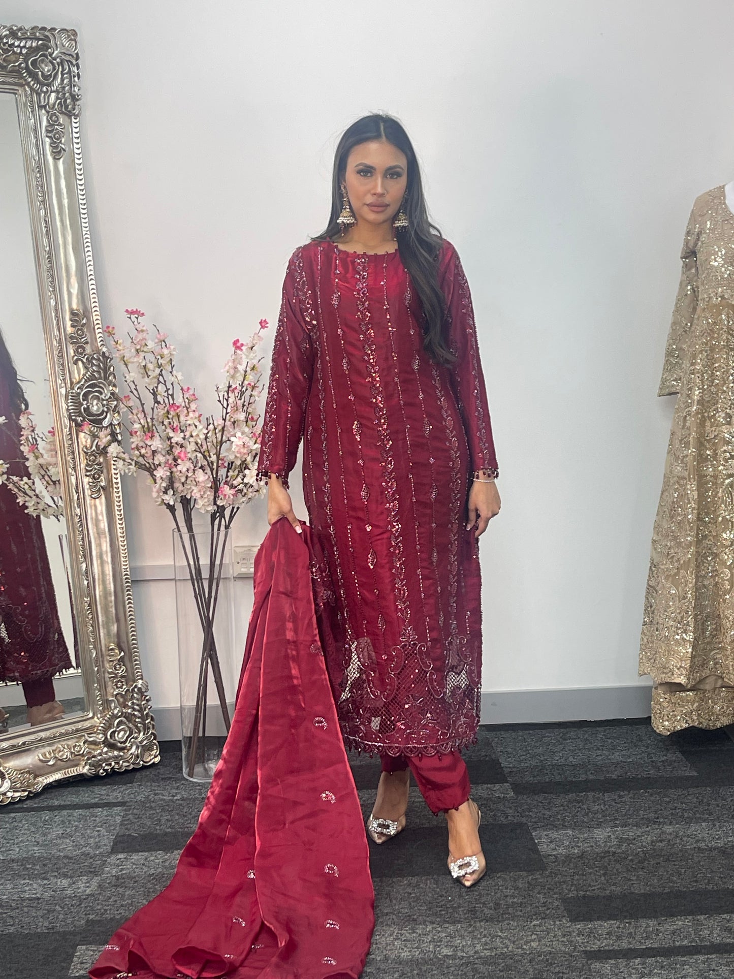Tara - Korean Silk Cut Dana - Party Wear - CutWork - Maroon - taara