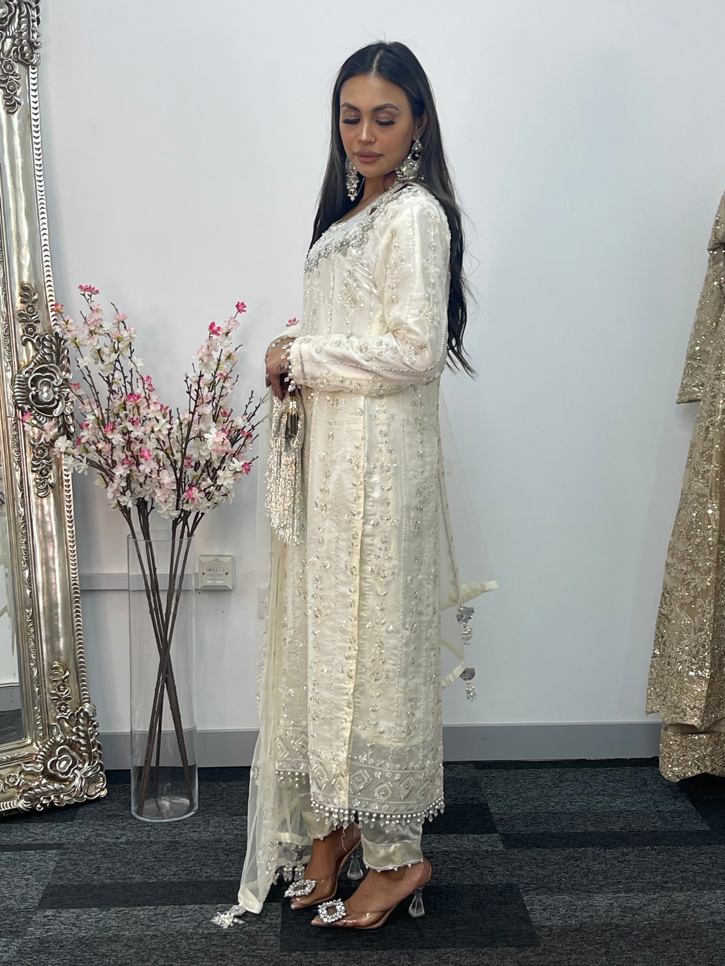 Ronaq- Korean Silk Cut Dana - Party Wear - White - Ivory -