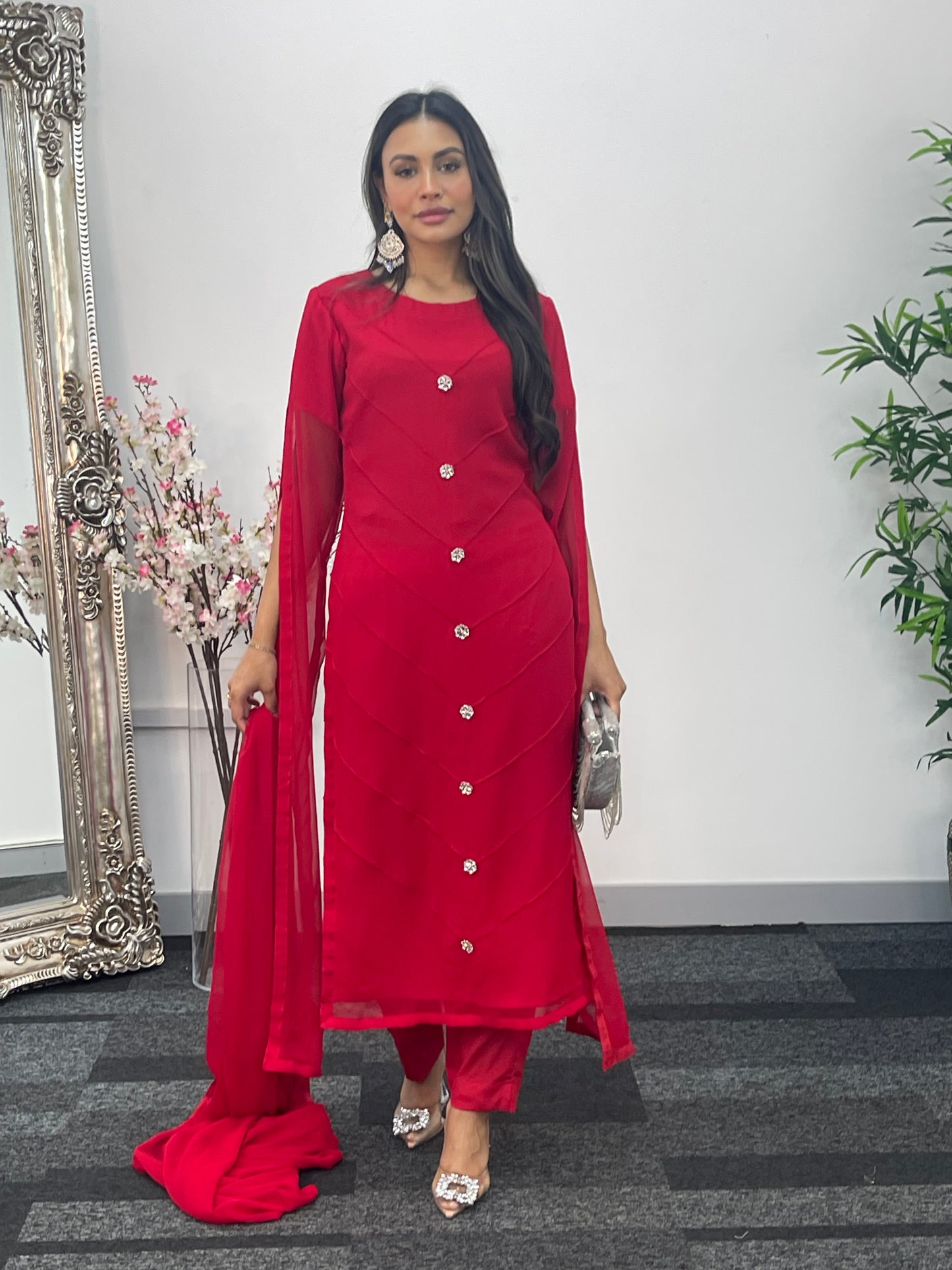 Red - Floor Length Sleeves - Chiffon Outfit - T