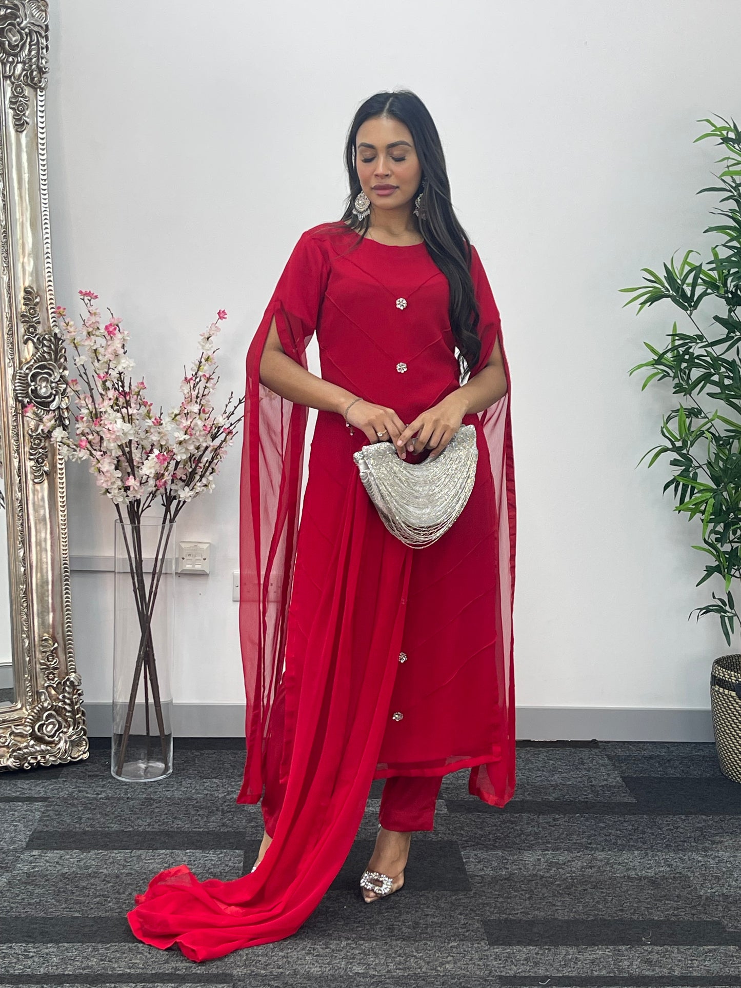 Red - Floor Length Sleeves - Chiffon Outfit - T