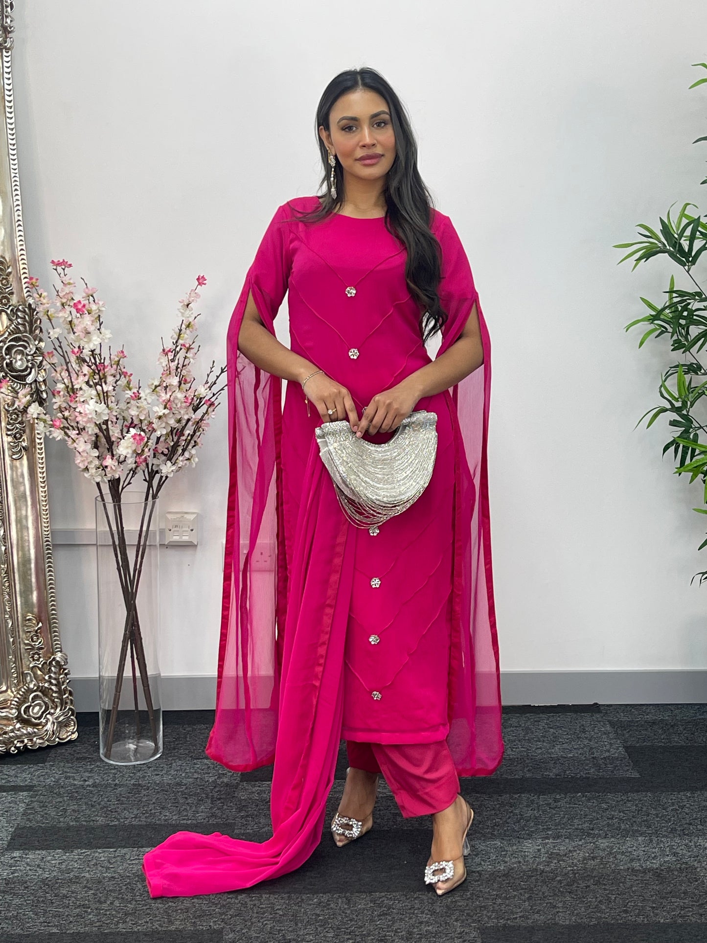 Hot Pink - Floor Length Sleeves - Chiffon Outfit - T