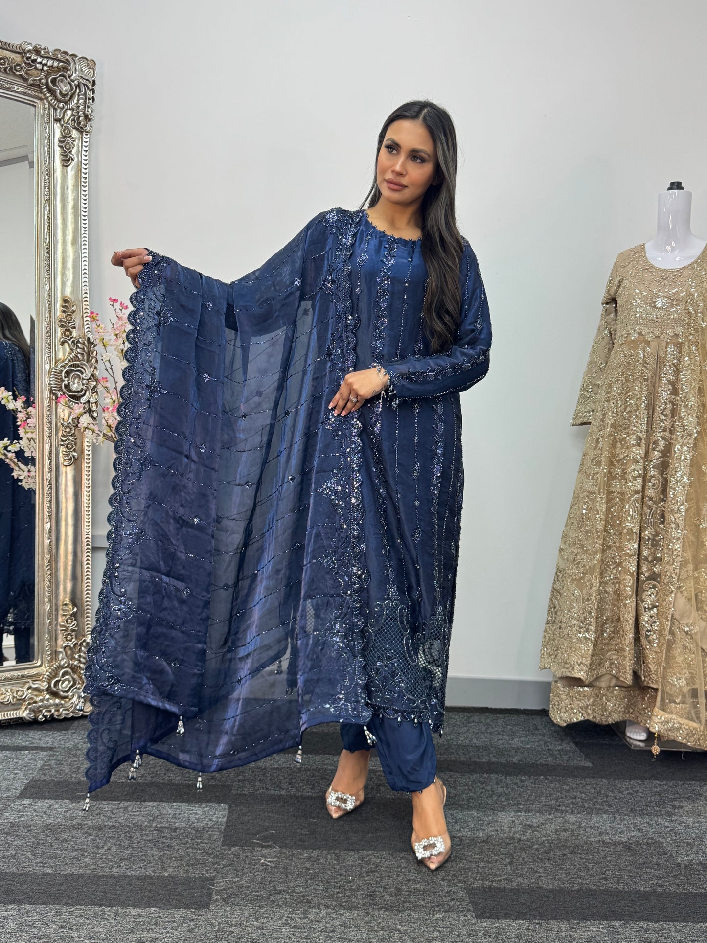 Tara - Korean Silk Cut Dana - Party Wear - CutWork - Navy Blue - taara