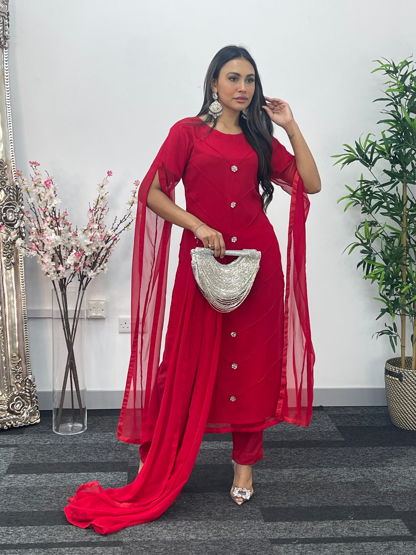 Red - Floor Length Sleeves - Chiffon Outfit - T