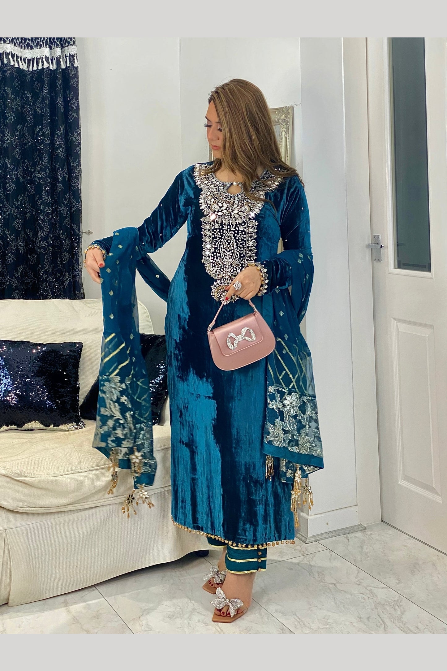 (Preorder 4weeks) Peacock - Teal Velvet Pret - Wedding Party Wear -