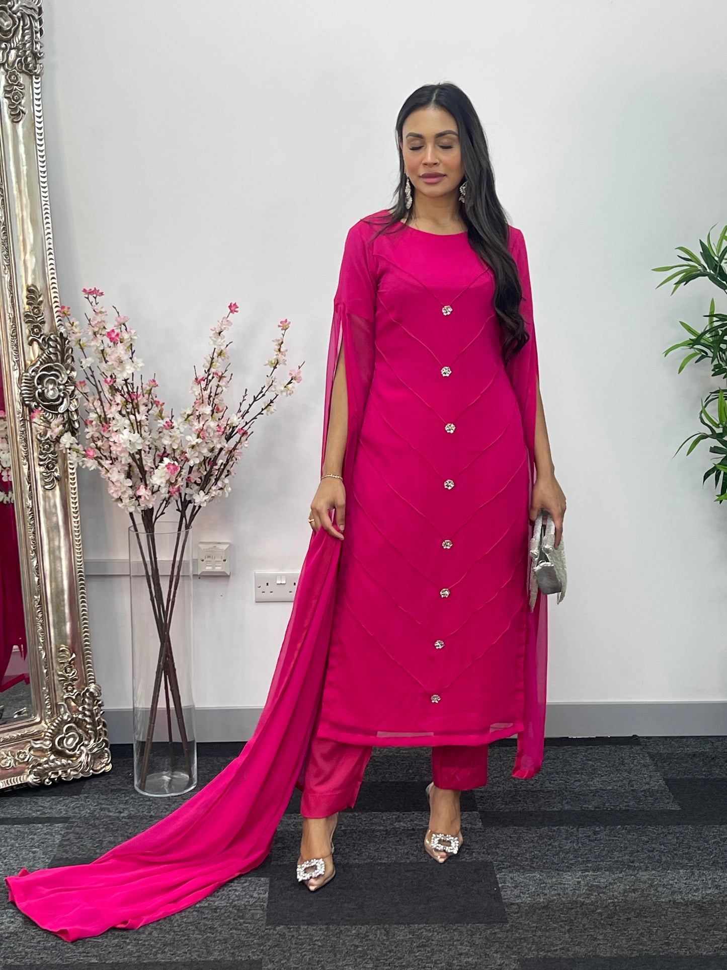 Hot Pink - Floor Length Sleeves - Chiffon Outfit - T