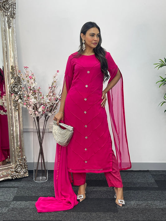 Hot Pink - Floor Length Sleeves - Chiffon Outfit - T
